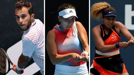 Hugo Gaston (à gauche), Clara Burel (au centre) et Naomi Osaka (à droite) se sont tous les trois qualifiés pour le deuxième tour du Masters 1000 de Miami, le 23 mars 2022. (Martin KEEP / AFP - Paul Crock / AFP - Mark Brown / GETTY IMAGES NORTH AMERICA / Getty Images via AFP)