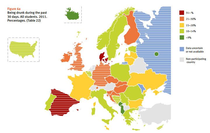 &nbsp; (La part d'étudiants ivre au moins une fois sur trente jours © Espad)