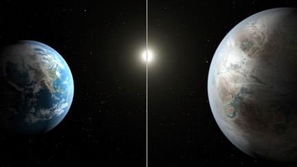 &nbsp; (Vue d'artiste comparant la Terre (à gauche) et Kepler 452b © Nasa)