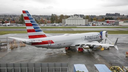 Un avion de ligne Boeing 737 MAX d'American Airlines à l'aéroport de&nbsp;Renton, dans l'Etat de Washington (Etats-Unis), le 10 novembre 2020. (JASON REDMOND / AFP)