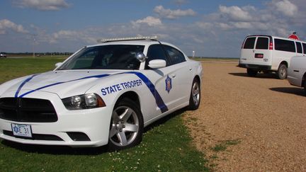 Une voiture de police bloque une route d'accès à la prison de Cummins à Little Rock, dans l'Arkansas (Etats-Unis), le 20 avril 2017. (KELLY P. KISSEL/AP/SIPA / AP)