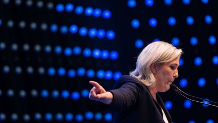 Marine Le Pen, présidente du FN, prononce un discours, le 17 juin 2016 à Voesendorf (Autriche).&nbsp; (VLADIMIR SIMICEK / AFP)