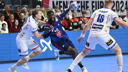 Dika Mem et les Français se sont imposés face à l'Islande, samedi 20 janvier, dans le cadre de leur deuxième match du tour principal de l'Euro, en Allemagne. (INA FASSBENDER / AFP)