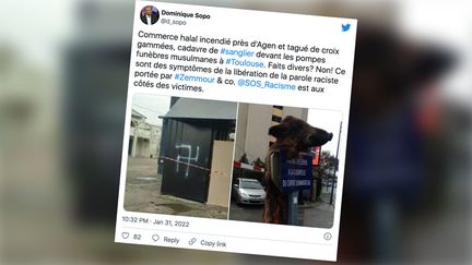 Dominique Sopo, président de SOS Racisme, dénonce "la libération de la parole raciste portée par Eric Zemmour et compagnie", le 31 janvier 2022. (CAPTURE D'ECRAN TWITTER)