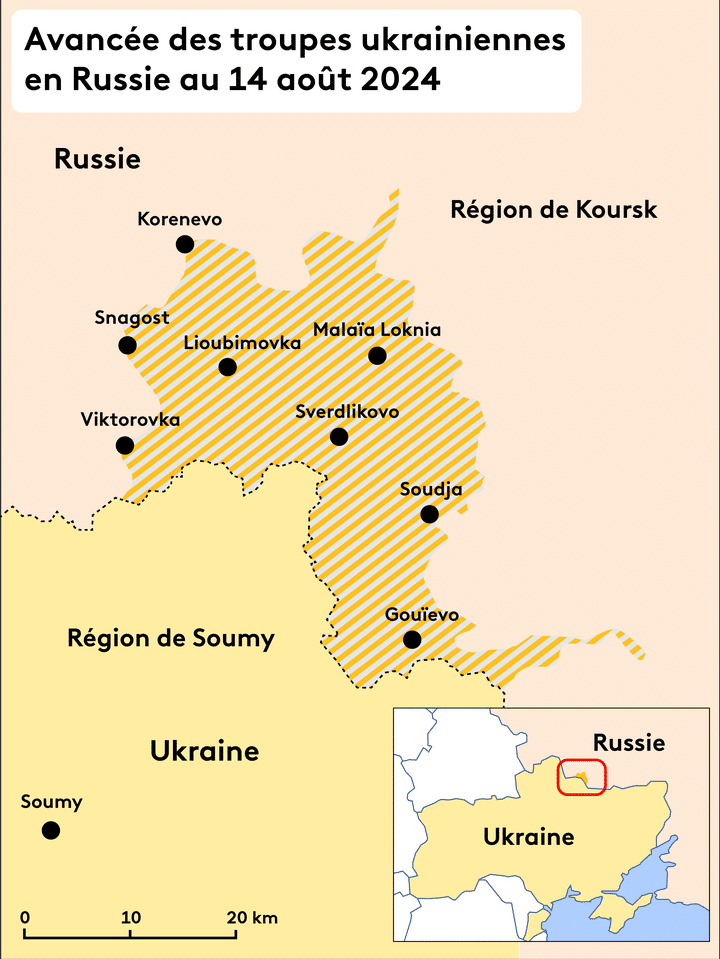 Map of the advance of the Ukrainian army in Russia as of August 14, 2024. (HELOISE KROB / FRANCEINFO)