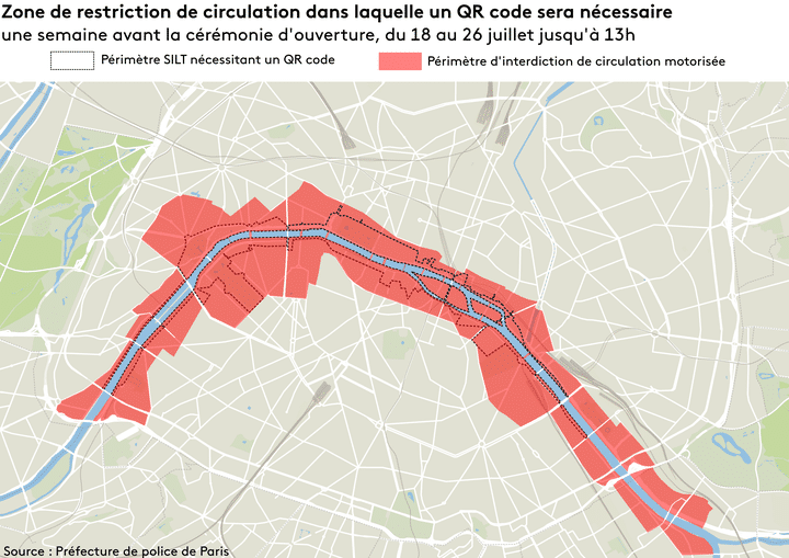 La carte des restrictions de circulation à Paris du 18 au 26 juillet 2024, en raison des Jeux olympiques, jusqu'à la cérémonie d'ouverture. (LEA PRATI/FRANCEINFO)