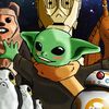 Les personnages mignons de la saga Star Wars : de gauche à droite, les Porgs, un Ewok, Baby Yoda, C3PO, BB-8, Jar Jar Binks et R2D2. (PIERRE-ALBERT JOSSERAND / FRANCEINFO)