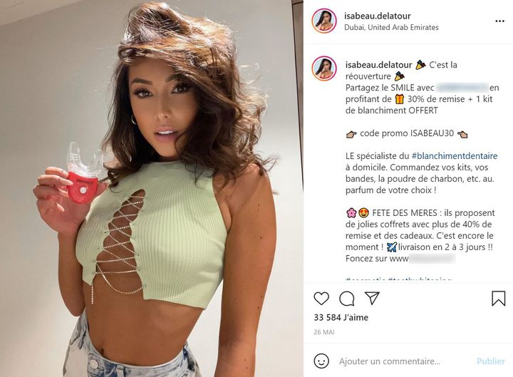 L’influenceuse Isabeau Delatour fait la promotion sur Instagram d’un kit de blanchiment dentaire sans afficher la mention "partenariat" ou "collaboration". (CAPTURE D'ÉCRAN)