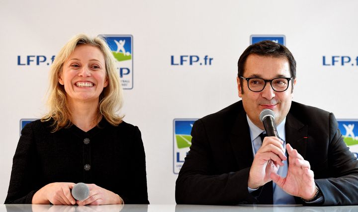 La présidente de la LFP, Nathalie Boy de la Tour, et Didier Quillot, le directeur général, en novembre 2016. (FRANCK FIFE / AFP)