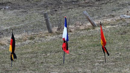 Les drapeaux de l'Allemagne, de la France et de l'Espagne en berne dans le village du Vernet (Alpes-de-Haute-Provence), mercredi 25 mars 2015. (ANNE-CHRISTINE POUJOULAT / AFP)