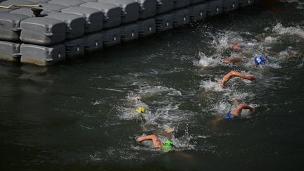 Des participants aux Jeux olympiques nagent dans la Seine, le 31 juillet 2024, lors de l'épreuve masculine de triathlon. (KANAME MUTO / YOMIURI)