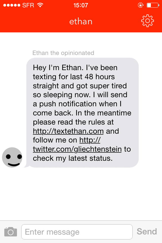 Le message qui s'affiche, mardi 14 octobre, sur la page d'accueil de l'application. Ethan y explique qu'il se repose. (CAPTURE D'ECRAN ETHAN / FRANCETV INFO)