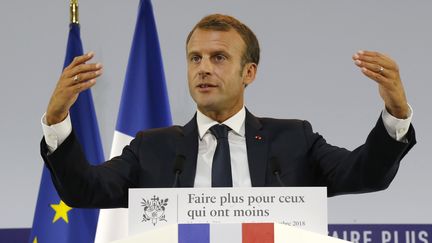 Emmanuel Macron, le 13 septembre 2018, lors de la présentation du plan pauvreté, au musée de l'Homme à Paris. (MICHEL EULER / AFP)