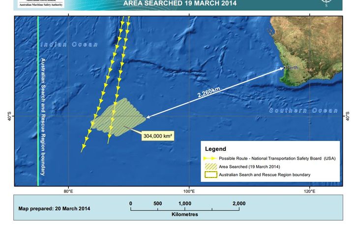 La zone de recherches australienne, sur le site de l'Autorit&eacute; australienne de s&eacute;curit&eacute; maritime (AMSA), jeudi 20 mars 2014.&nbsp; (AMSA.GOV.AU)