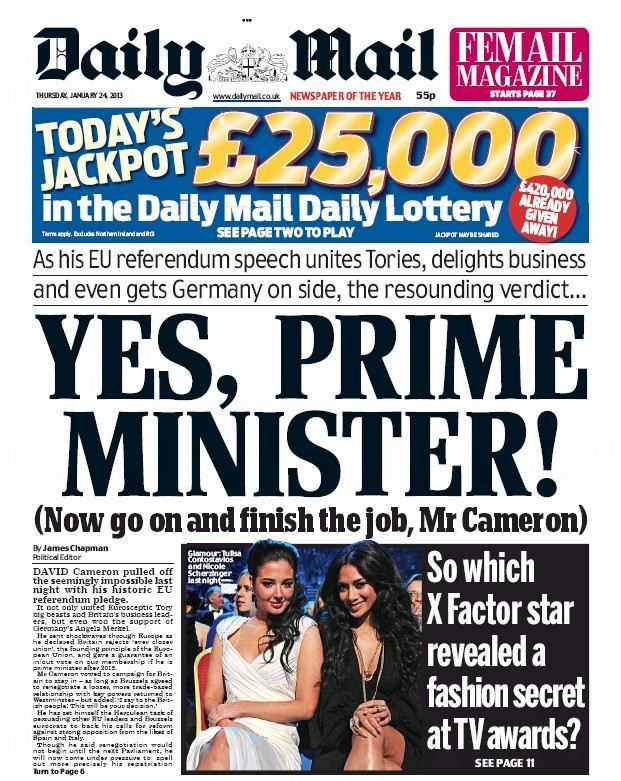 La une du Daily Mail au lendemain du discours de David Cameron, le 23 janvier 2013.&nbsp; (DAILY MAIL)