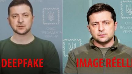 À gauche, une image tirée de la vidéo deepfake, à droite une image issue du discours de Zelensky à la télévision ukrainienne. (DR)