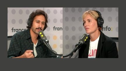 Arthur Teboul et Judith Godrèche, lundi 2 septembre 2024 dans "Tout public". (FRANCEINFO / RADIO FRANCE)