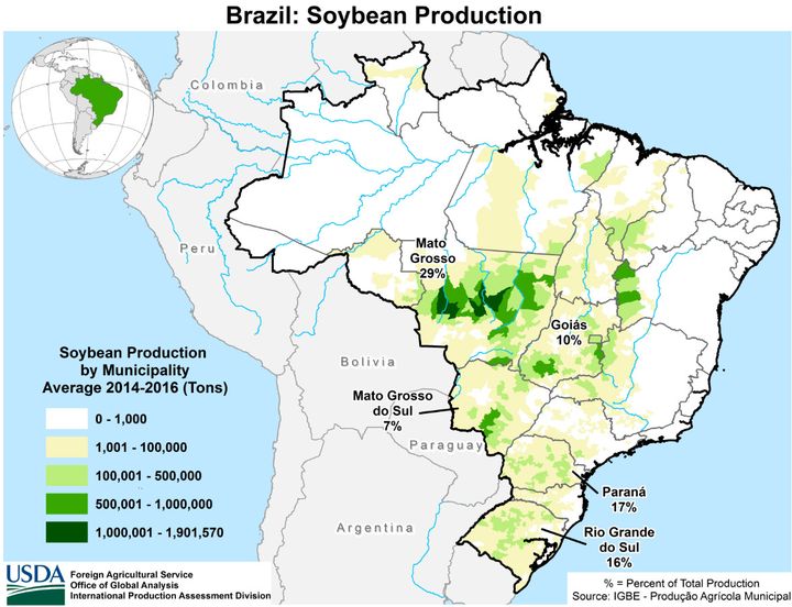 La répartition de la production de soja au Brésil sur la période 2014 et 2016 (USDA)