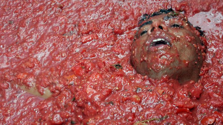 Un participant de la f&ecirc;te de la Tomatina en 2009. (PABLO ARGENTE / AFP)