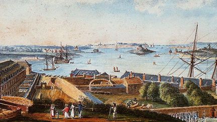 Le port et la rade de Lorient, aquarelle anonyme, vers 1800. Parti de Lorient il y a trois siècles, François Renier Duminy a transmis à sa descendance en Afrique du Sud une affection héréditaire de la peau. (Musée de la Compagnie des Indes)