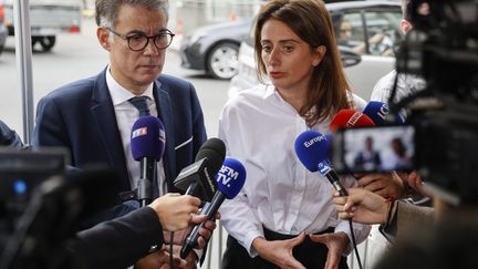 The boss of the Socialist Party Olivier Faure and the head of the Ecologists Marine Tondelier, October 12, 2023 in Paris.  (LUDOVIC MARIN / AFP)