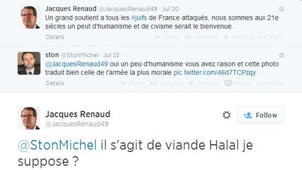 Capture d'&eacute;cran de l'&eacute;change entre @JacquesRenaud49 et @StonMichel, sur Twitter, r&eacute;alis&eacute;e mercredi 23 juillet. (TWITTER / FRANCETV INFO)