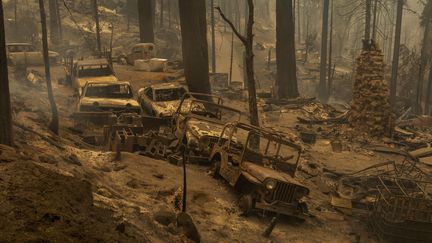 Des voitures brûlées après le passage du feu Creek,&nbsp;près du lac Shaver en Californie, le 8 septembre 2020.&nbsp; (DAVID MCNEW / GETTY IMAGES NORTH AMERICA / AFP)