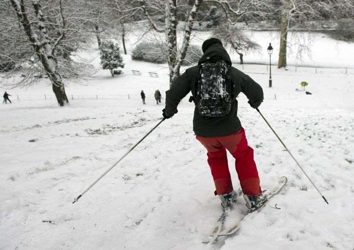 Un skieur dans le parc des Buttes Chaumont, &agrave; Paris, samedi 19 janvier 2013.&nbsp; (FRANCOIS XAVIER MARIT / AFP)