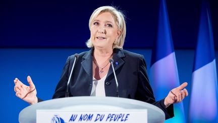 La candidate du Front national, Marine Le Pen, lors de son discours à Hénin-Beaumont, le 23 avril 2017 au soir du premier tour. (KAY NIETFELD / DPA / AFP)