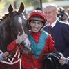 Pierre-Charles Boudot après sa victoire dans le Qatar Prix de l'Arc de Triomphe, le 6 octobre 2019, à l'hippodrome de Longchamp. (OLIVIER CORSAN / MAXPPP)