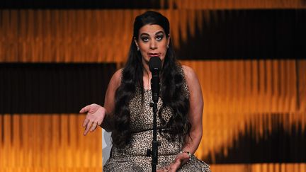 Maysoon Zayid sur scène à New York (Etats-Unis), le 24 avril 2014. (D DIPASUPIL / GETTY IMAGES NORTH AMERICA / AFP)