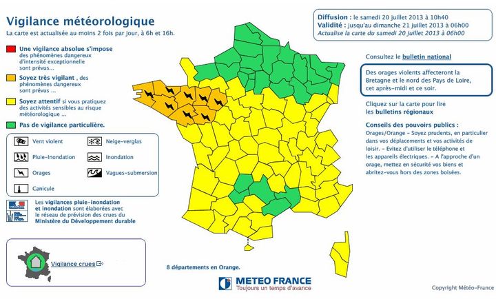 M&eacute;t&eacute;o France a plac&eacute; en vigilance orange huit d&eacute;partements de l'Ouest, samedi 20 juillet. ( METEO FRANCE)