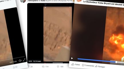 Des captures d'écran sur Twitter et Facebook partageant la fausse vidéo de l'accident d'hélicoptère de Kobe Bryant, le 26 janvier 2020. (CAPTURE ECRAN TWITTER & FACEBOOK)