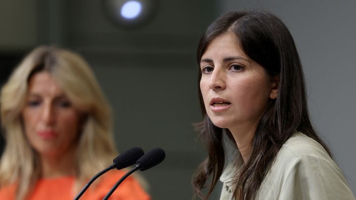 Amanda Gutierrez, president of the Futpro union, during a press conference on August 28, 2023. (PIERRE-PHILIPPE MARCOU / AFP)