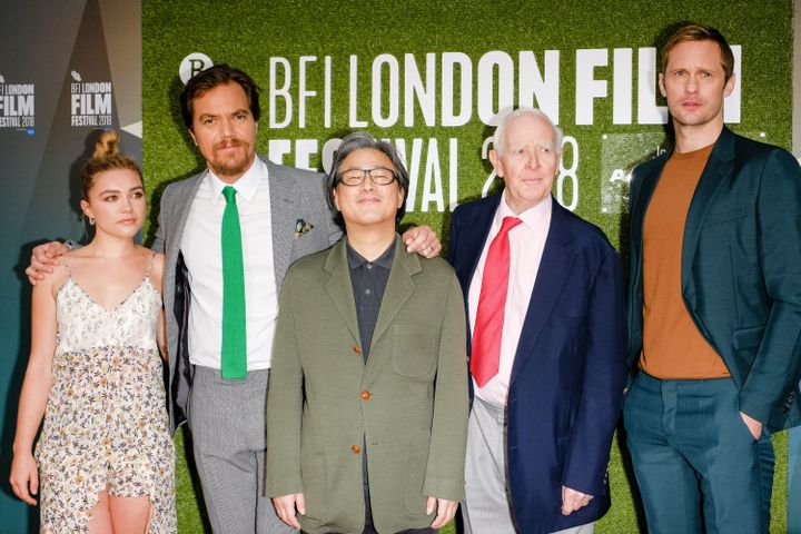 14 octobre 2018. Les acteurs, l'auteur John Le Carré et le réalisateur&nbsp;Park Chan-Wook à Londres lors de la présentation de "The Little Drummer Girl".&nbsp; (JULIE EDWARDS / LF / AVALON / MAXPPP)