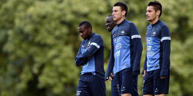 Les joueurs de l'équipe de France (de gauche à droite) Blaise Matuidi, Mamadou Sakho, Laurent Koscielny et Mathieu Debuchy