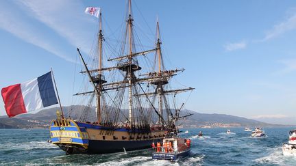 La réplique de la frégate de La Fayette lors de son arrivée à Port-Vendres dans les Pyrénées-Orientales en avril 2018 .
 (PHOTOPQR/L&#039;INDEPENDANT/MAXPPP)