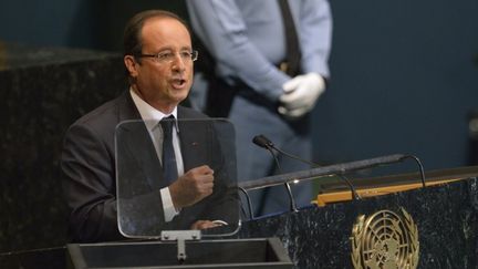 Fran&ccedil;ois Hollande lors de son allocution devant l'assembl&eacute;e g&eacute;n&eacute;rale des Nations Unis, &agrave; New York, le 25 septembre 2012.&nbsp; (ERIC FEFERBERG / AFP)