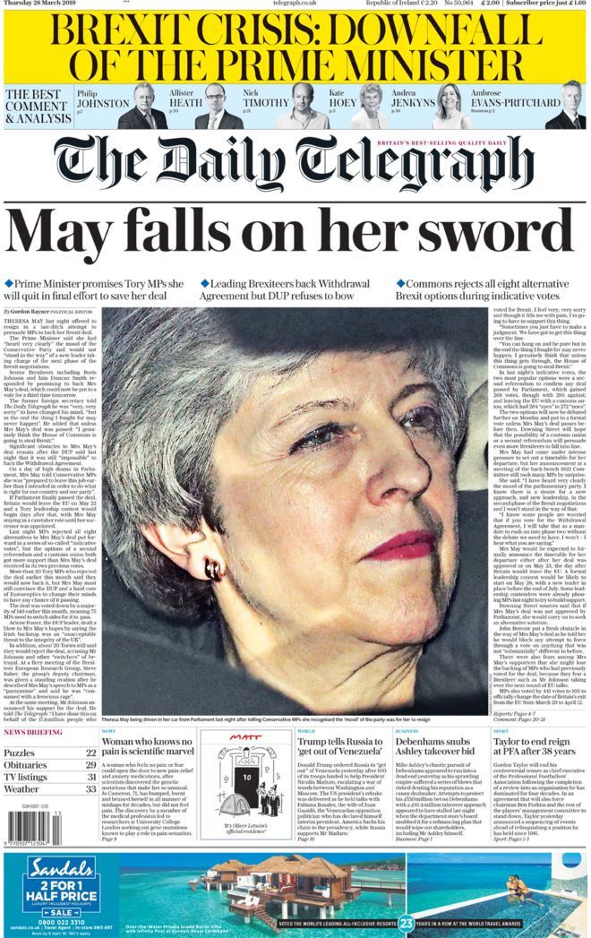 La une du "Daily Telegraph", le 28 mars 2019. (THE DAILY TELEGRAPH)