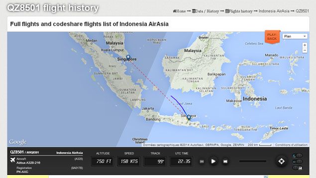 &nbsp; (Les informations de vol du QZ8501 avant sa disparition © Capture d'écran flightradar24)