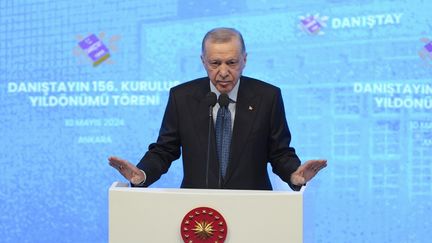 Le président turc Recep Tayyip Erdogan, à Ankara, le 10 mai 2024. (ERCIN ERTURK / ANADOLU / AFP)