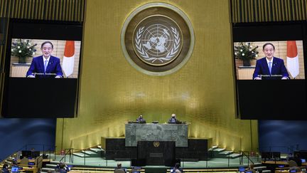 Yoshihide Suga, Premier ministre du Japon, s'est exprimé dans un message vidéo enregistré, le 25 septembre 2020, devant l'Assemblée générale des Nations unis, à&nbsp;New York. (LOEY FELIPE / UNITED NATIONS / AFP)