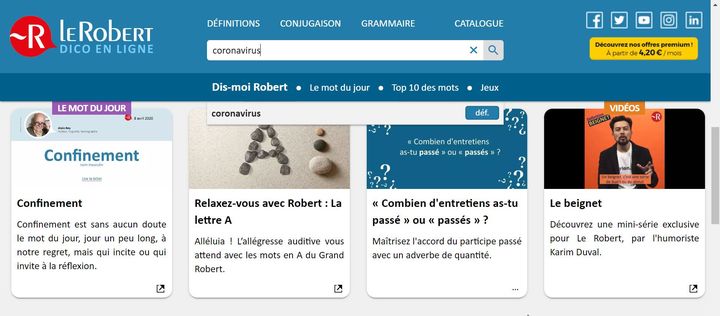 Le portail Le Robert Dico en ligne&nbsp;lancé le&nbsp;16 avril 2020 (CAPTURE ECRAN Le Robert)