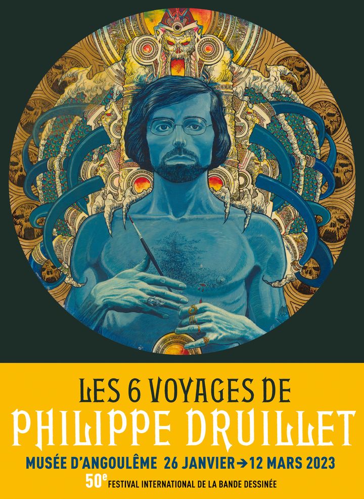 Affiche de l'exposition "LEs 6 voyages de Philippe Druillet", festival de bande dessinée d'Angoulême du 26 au 12 mars 2023 (FIBD 2023)