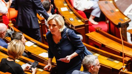 Marine Le Pen, députée RN du Pas de Calais, présidente du groupe Rassemblement national à l'Assemblée Nationale est reçue à Matignon  lundi à 8h30 par le Premier ministre,  (photo d'illustration, le 18 juillet 2024.) (OLIVIER CORSAN / MAXPPP)