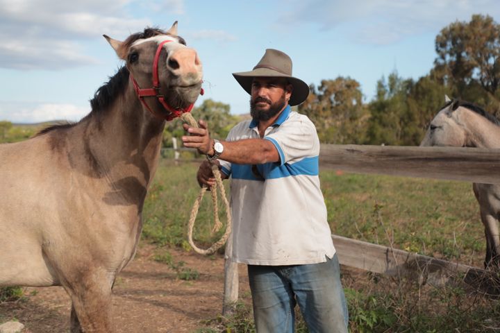 Valerick Roy et ses chevaux dans son domaine de Bourail. (ELISE LAMBERT/FRANCEINFO)