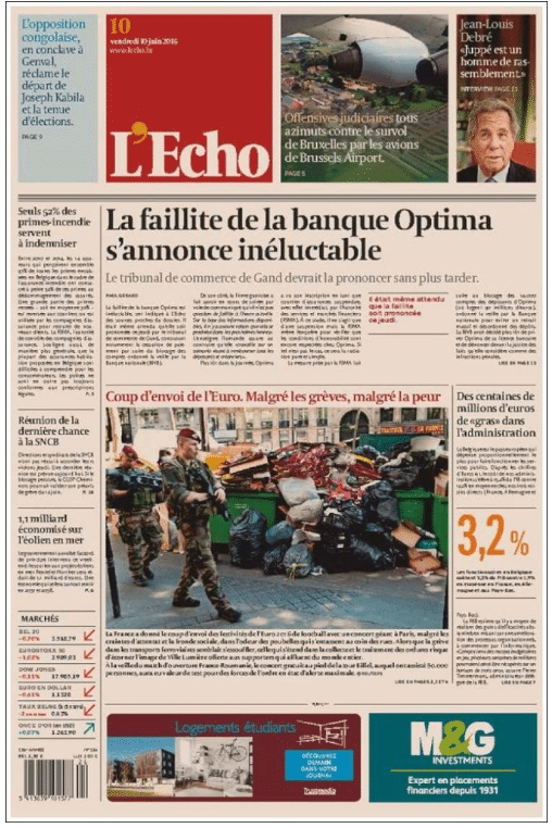 La une du journal belge "L'Echo" titre sur les grèves et la peur pour le coup d'envoi de l'Euro. (L'ECHO)