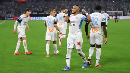 Dimitri Payet célèbre son but contre le RC Lens au Stade Vélodrome, le 26 septembre 2021. (ADIL BENAYACHE/SIPA)