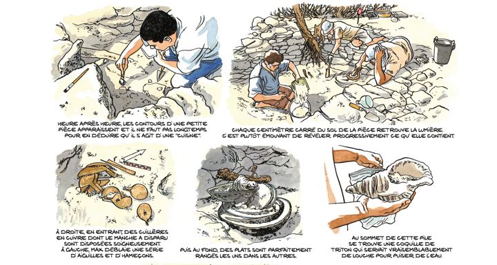 "La découverte de la cuisine (utilisée par les naufragés) a été un moment très fort", raconte le créateur de la BD. Planche extraite de la bande dessinée "Les Esclaves oubliés&nbsp;de Tromelin" par Savoia. (© DUPUIS 2019)