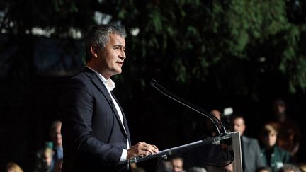 Le député  et ancien ministre de l'Intérieur Gérald Darmanin prononce un discours sur "les attentes des classes populaires" à Tourcoing,  le 29 septembre 2024. (FRANCK CRUSIAUX / AFP)